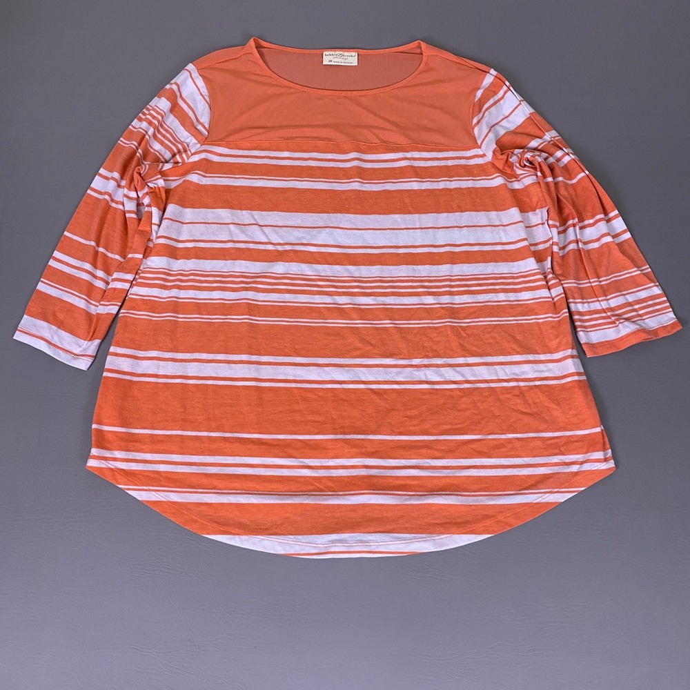 Bobbie Brooks Tunic Top Plus Size 2X Orange White Striped 3/4 Sleeve Mesh Yoke